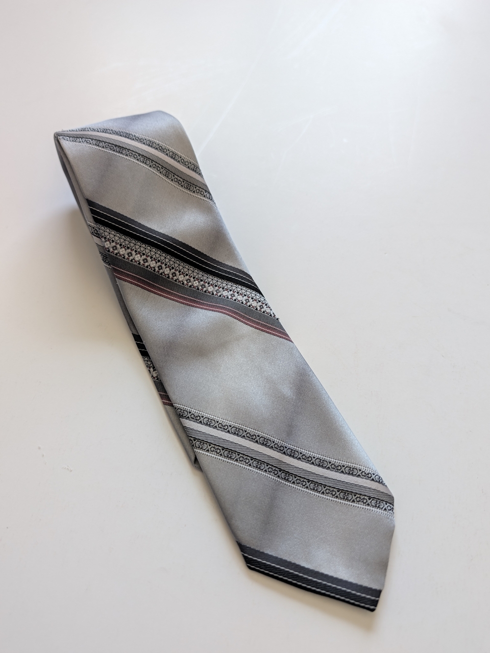 Vintage Beau Brummell Grey Striped Polyester Necktie